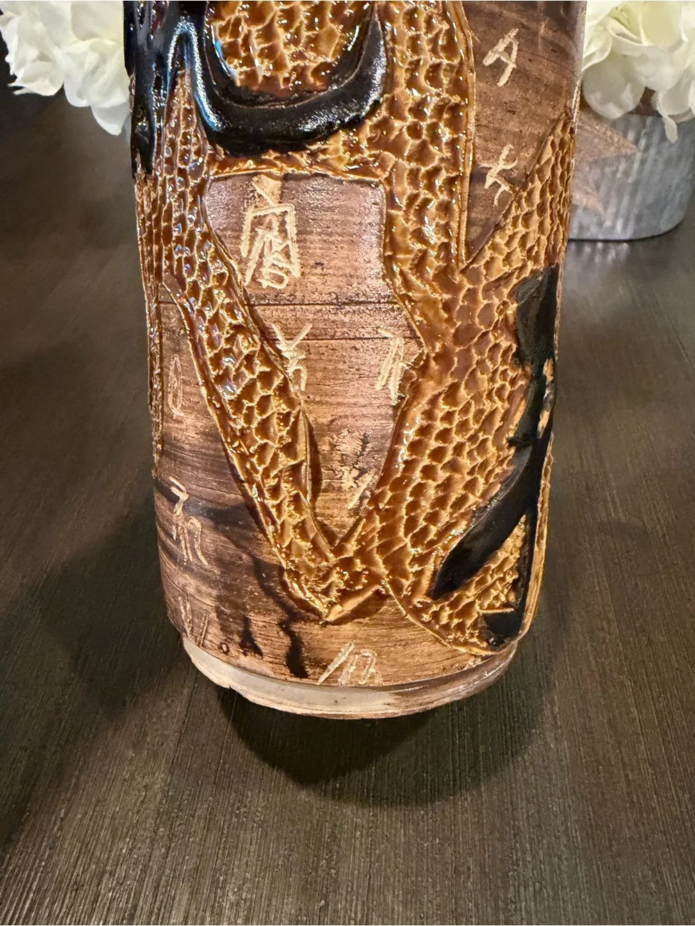 Vintage Hand Carved Chinese Clay Dragon Vase Tang Dynasty Poem Relief Potter